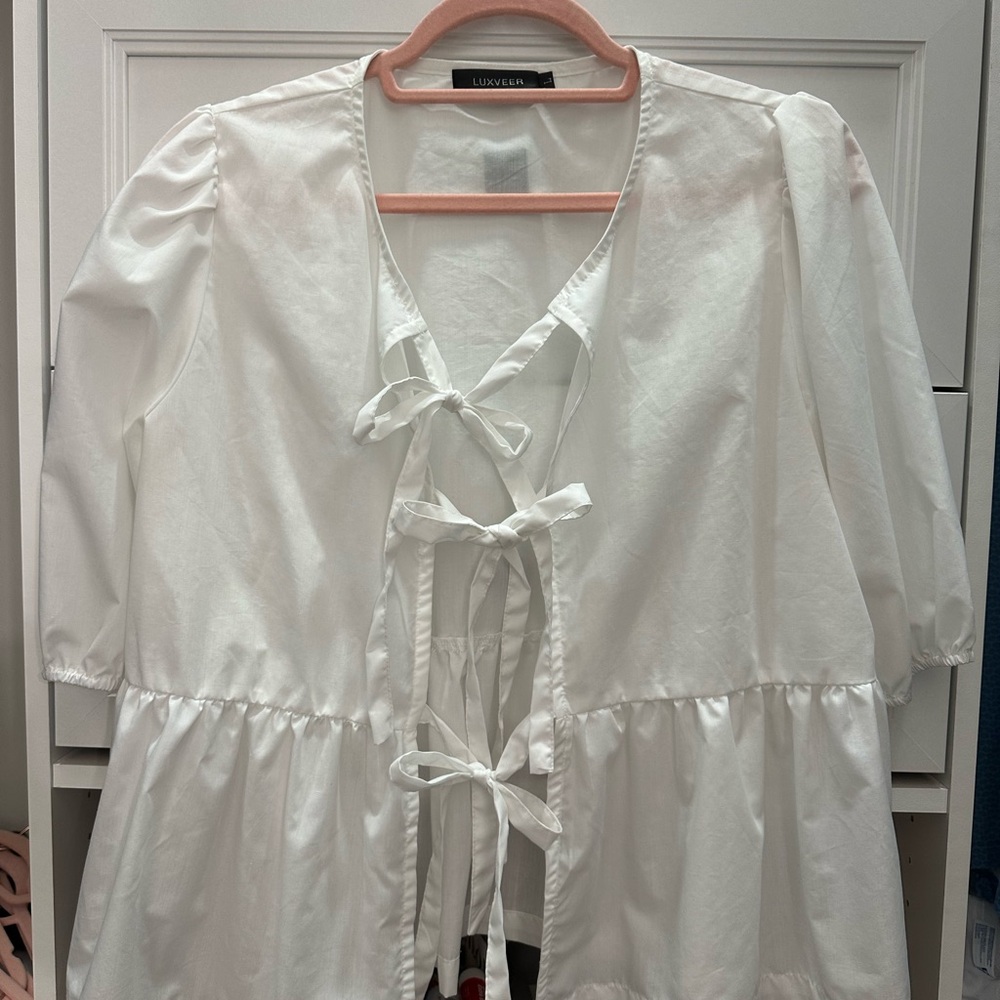 Women's Tie Front Peplum Blouses Puff Short Sleeve Babydoll